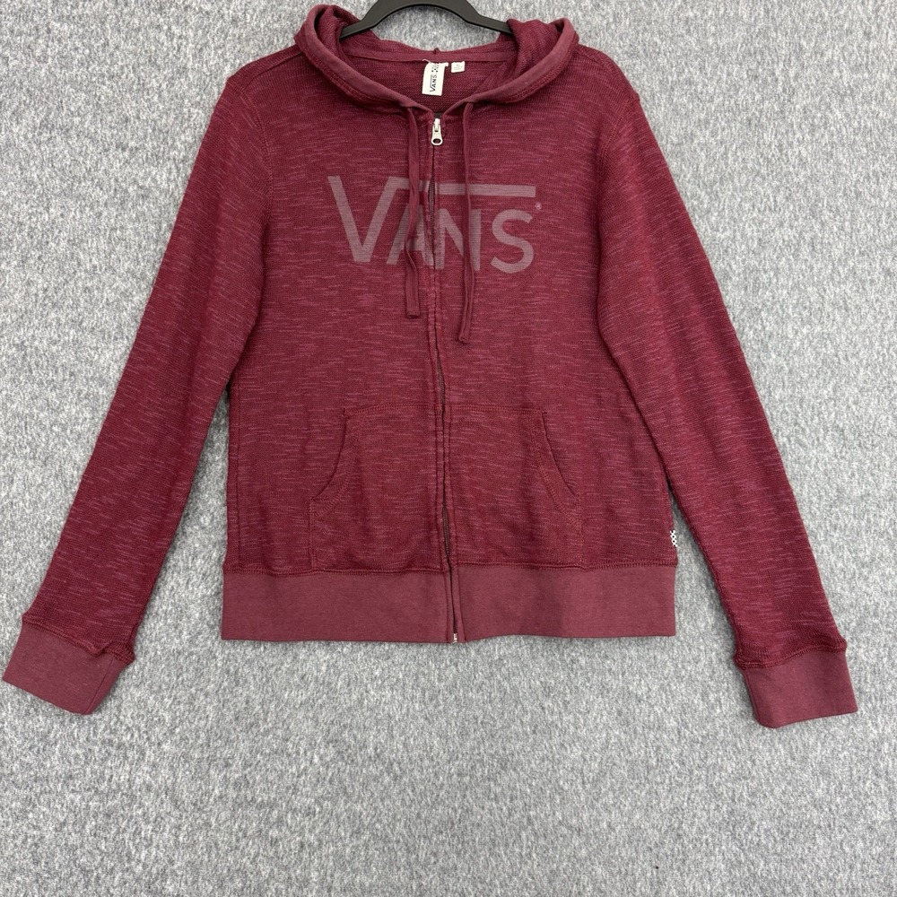Vans Womens XL Burgundy Logo Full Zip Hoodie Lightweight Slub Knit Jacket